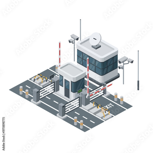 Isometric illustration of security checkpoint with barriers and cameras