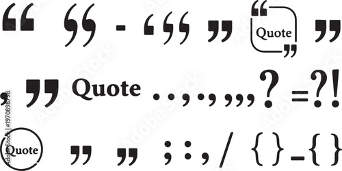A collection of black vector punctuation marks, including quotation marks, question marks, and quote bubble frames for typography and layout design.