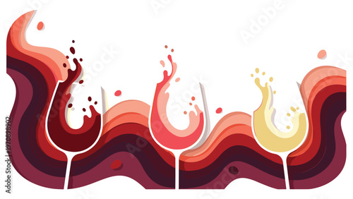 Three elegant wine glasses filled with red, rose, and white wine feature artistic liquid splashes and wavy patterns.