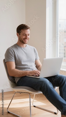 Working on a laptop in a bright, cozy room with peaceful city views