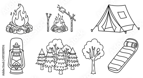 Camping gear and outdoor equipment icons.