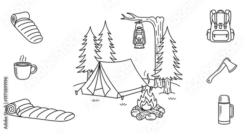 Camping gear and outdoor equipment icons.