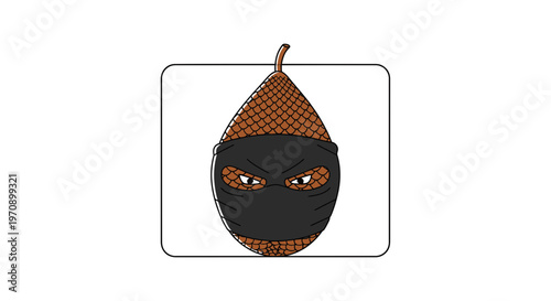 Funny Acorn Character Wearing a Black Balaclava Mask with Intense Eyes, Cartoon Style