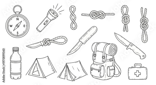 Camping gear and outdoor equipment tools.