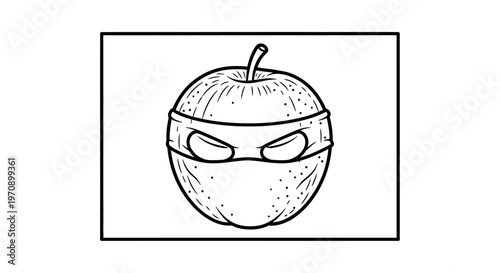 Funny Apple Ninja Character with Mask, Black and White Line Art