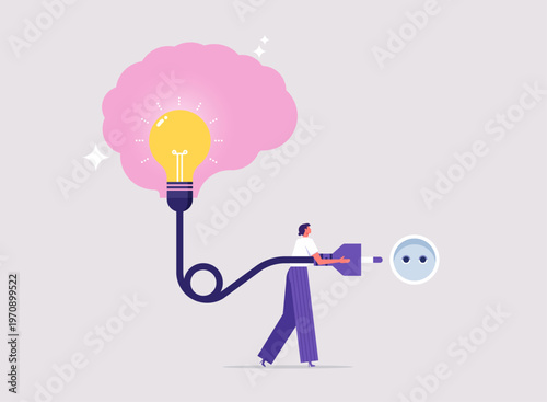 Innovation or get new idea concept, businesswoman cord electrical plug lightbulb in the head connected to power socket, creative thinking to success