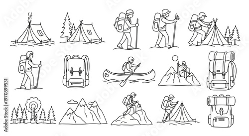 Camping icons and travel illustrations set.