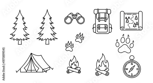 Camping icons and travel symbols.