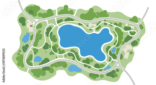 Top-Down View of a Green Park with Lake and Roads Vector Map