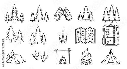 Camping icons and travel symbols.