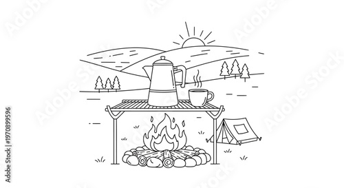 Camping kettle on campfire grill outdoors.