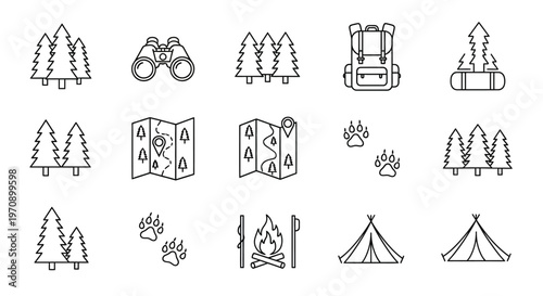 Camping icons and travel symbols.