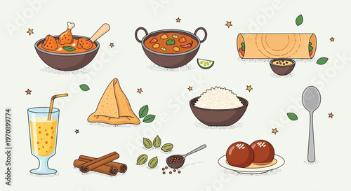 A vibrant collection of Indian food items and spices, including curries, samosas, rice, and sweets, presented in a charming, illustrative style.