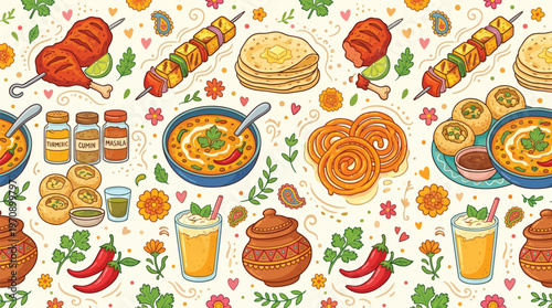 A vibrant and colorful illustration of a variety of Indian dishes and ingredients, presented in a seamless pattern.