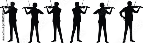 Violinist silhouettes collection performing classical music, musician standing poses with violin, orchestra concept isolated on white background for concert, culture, and artistic design projects