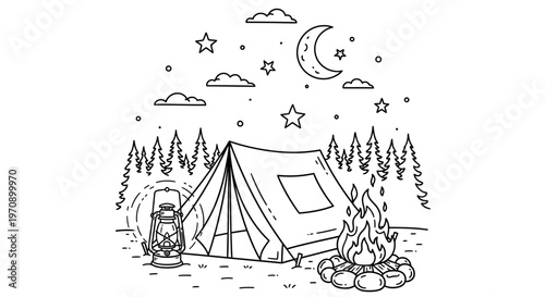 Camping Tent with Campfire at Night.