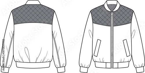 Stylish quilted bomber jacket, front and back view, fashion apparel outerwear design, vector line art clothing template zip up garment