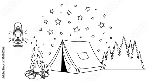 Camping Tent with Lantern and Fire.