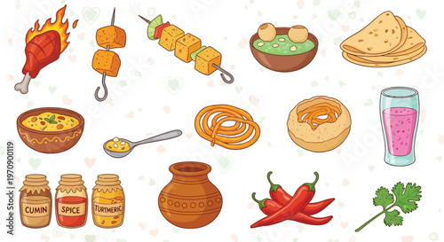 A vibrant collection of Indian food items and ingredients, including grilled chicken, paneer tikka, curries, spices, and sweets, presented in a colorful illustration.