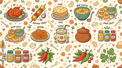 A vibrant and colorful illustration showcasing a variety of delicious Indian food dishes and ingredients, perfect for culinary themes.