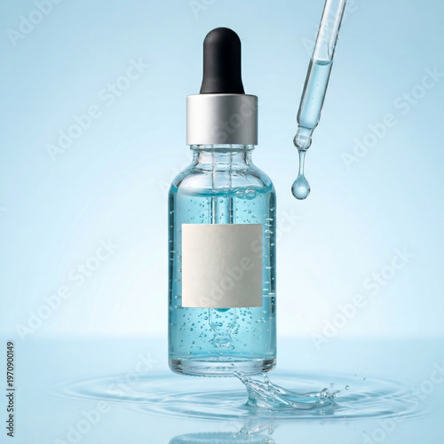 Hyaluronic acid serum drop with water splash, blue skincare cosmetic bottle, hydration concept