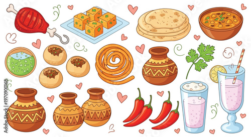 A vibrant collection of Indian food and drink items, including traditional dishes, snacks, beverages, and decorative elements.