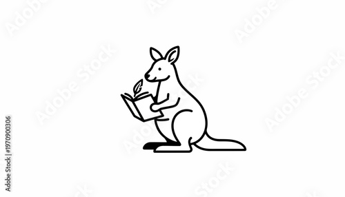 Cute Kangaroo Reading Book with Feather Pen, Educational Concept