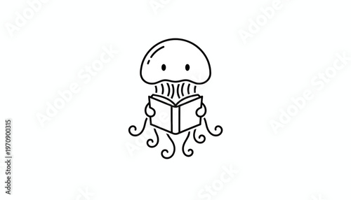 Cute Jellyfish Reading a Book, Cartoon Style, Isolated on White Background