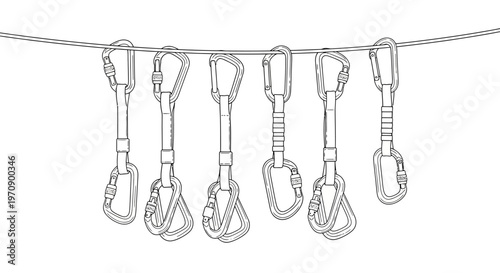 Carabiners hanging on a wire line.