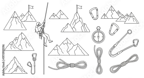 Climber and mountains icons set.