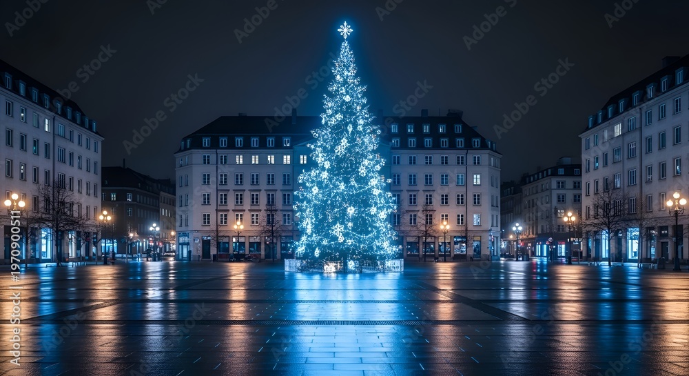 Fototapeta premium Large blue christmas tree in city square at night nighttime buildings streetlights