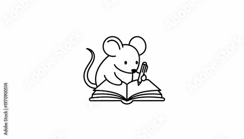 Cute mouse writing in a book, simple line art, educational concept