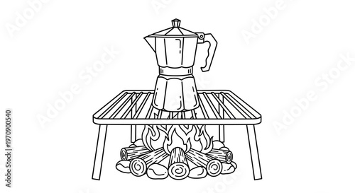 Coffee maker on campfire grill table.
