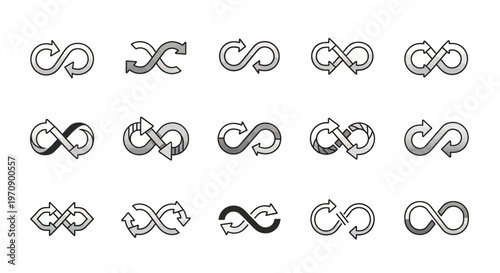 Collection of Infinity Loop Symbols with Arrows and 3D Effects, Representing Endless Cycles