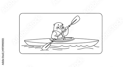 Cute Otter Kayaking in Water, Animal Paddling Cartoon Style