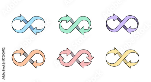 Colorful Infinity Symbols with Arrows Set for Continuous Loop and Endless Cycle Concepts