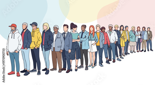 Diverse Group of People Standing in a Long Queue Line