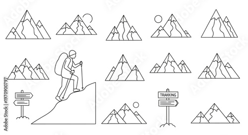 Hiker climbing mountain with backpack.