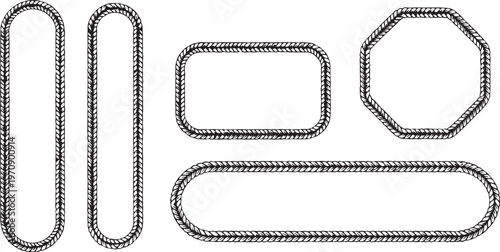 Set of six dark braided rope frames in various shapes, strong textured cord borders, nautical design elements.