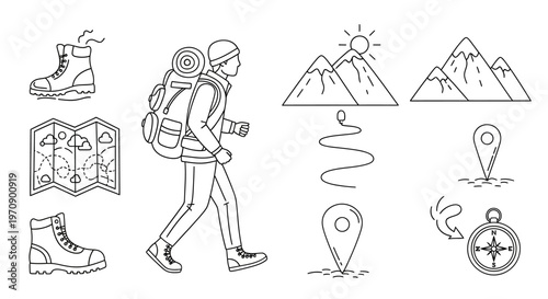 Hiker with Backpack and Navigation Tools.