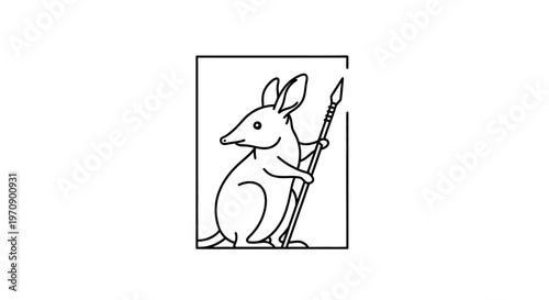 Cute Bilby Holding Spear, Minimalist Line Art, Australian Native Animal Icon