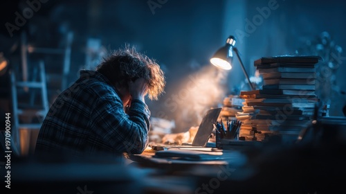 Overwhelmed individual hunched over a laptop at a cluttered desk under warm lamp light