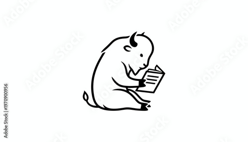Cute Bison Reading a Book, Sitting Down, Black and White Line Art Logo