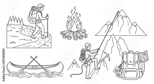 Hikers and camping gear illustrations.