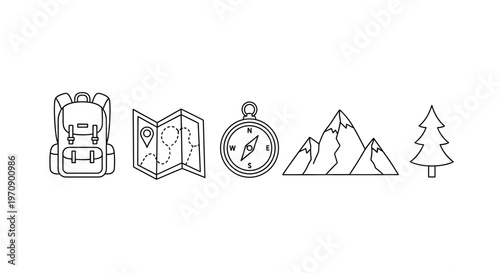 Hiking and outdoor adventure travel icons.