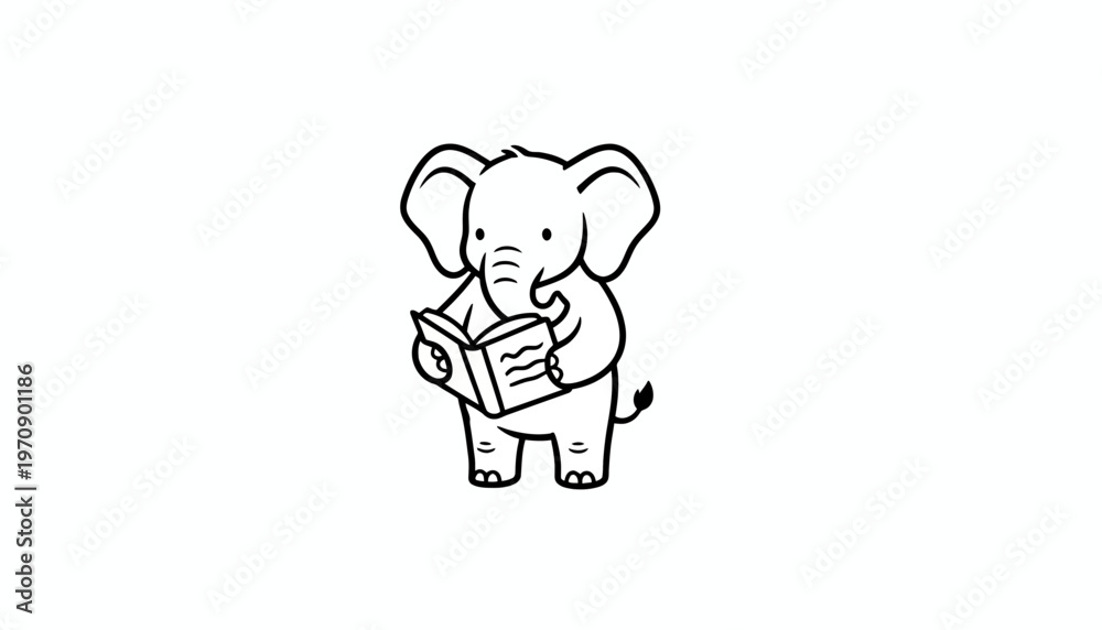 Fototapeta premium Cute cartoon elephant reading a book, black and white line art, isolated on white background