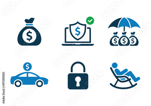 Vector depicting financial security and savings concepts including a money bag shielded by a lock and a person relaxing in a reclining chair