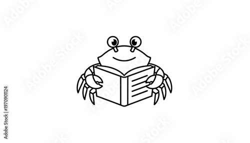 Cute cartoon crab reading a book, isolated on white background