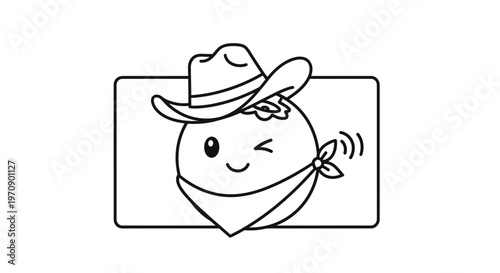 Cute cartoon cowboy character, winking and wearing a bandana, black and white line art