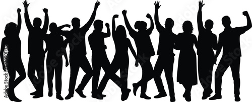 Dancing people silhouettes group celebrating party, joyful crowd with raised hands, social event and nightlife concept isolated on white background for entertainment and celebration design